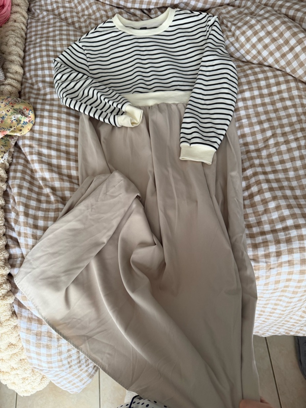 SHEIN Striped Black & Cream Top with Beige Maxi Skirt